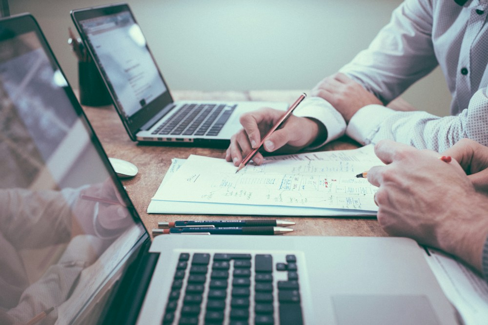 Professionals reviewing documents and business information